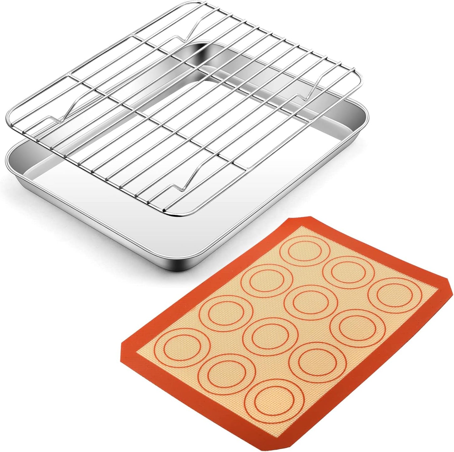 P&P CHEF 9-Inch Baking Sheet Pan Set - Stainless Steel Tray with Rack & Silicone Mat, Dishwasher Safe