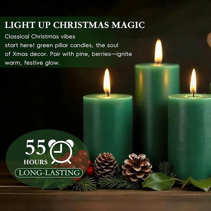 Green Pillar Candles - 6 Packs, 2.8x4 Inch, Unscented Pillar Candles Bulk, 56 Hours Long Burning Candles, Dripless & Smokeless Large Green Candles for Christmas Decor, Fireplace, Christmas,Advent