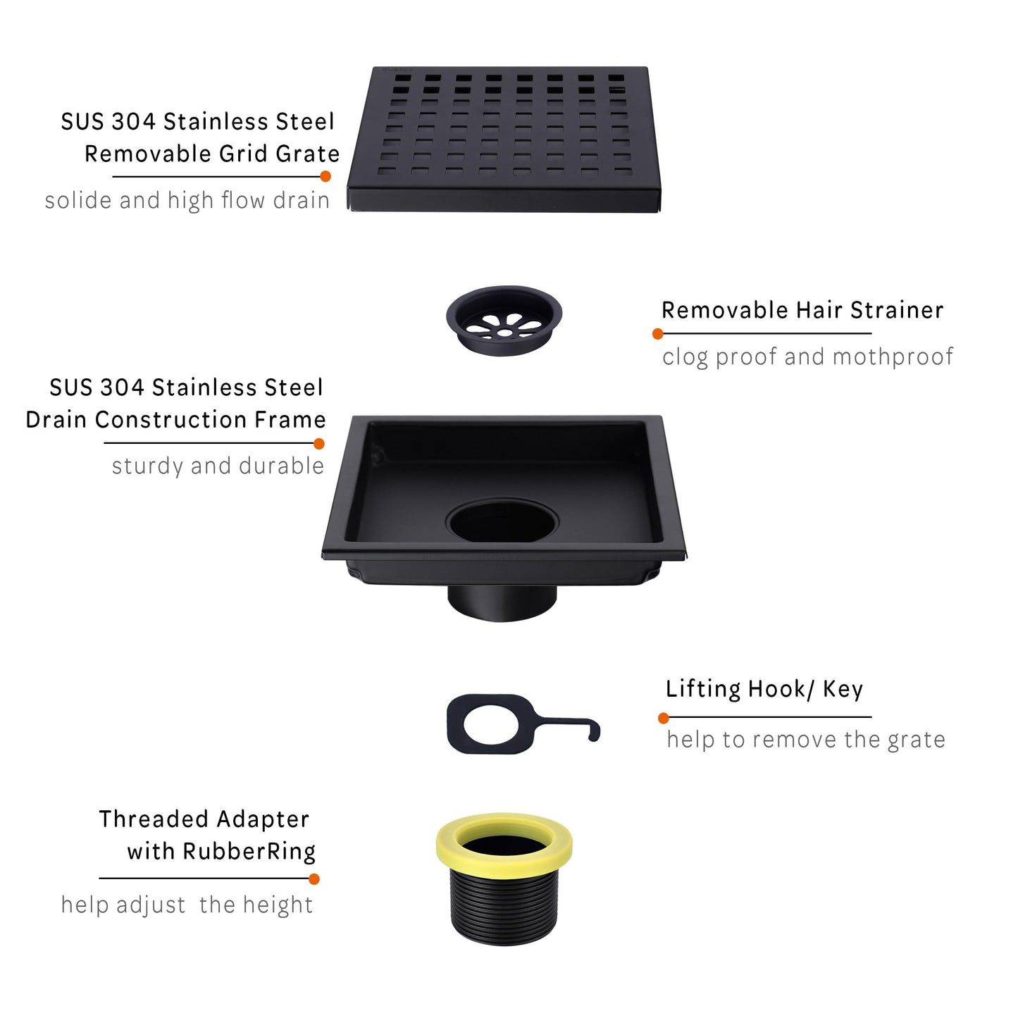 6 inch Stainless Steel Shower Floor Drain with Threaded Adapter, Removable Grid Cover, Black