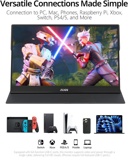 MNN Portable Monitor - 15.6" FHD 1080P Ultra-Slim IPS Display with Smart Cover & Speakers | Plug & Play