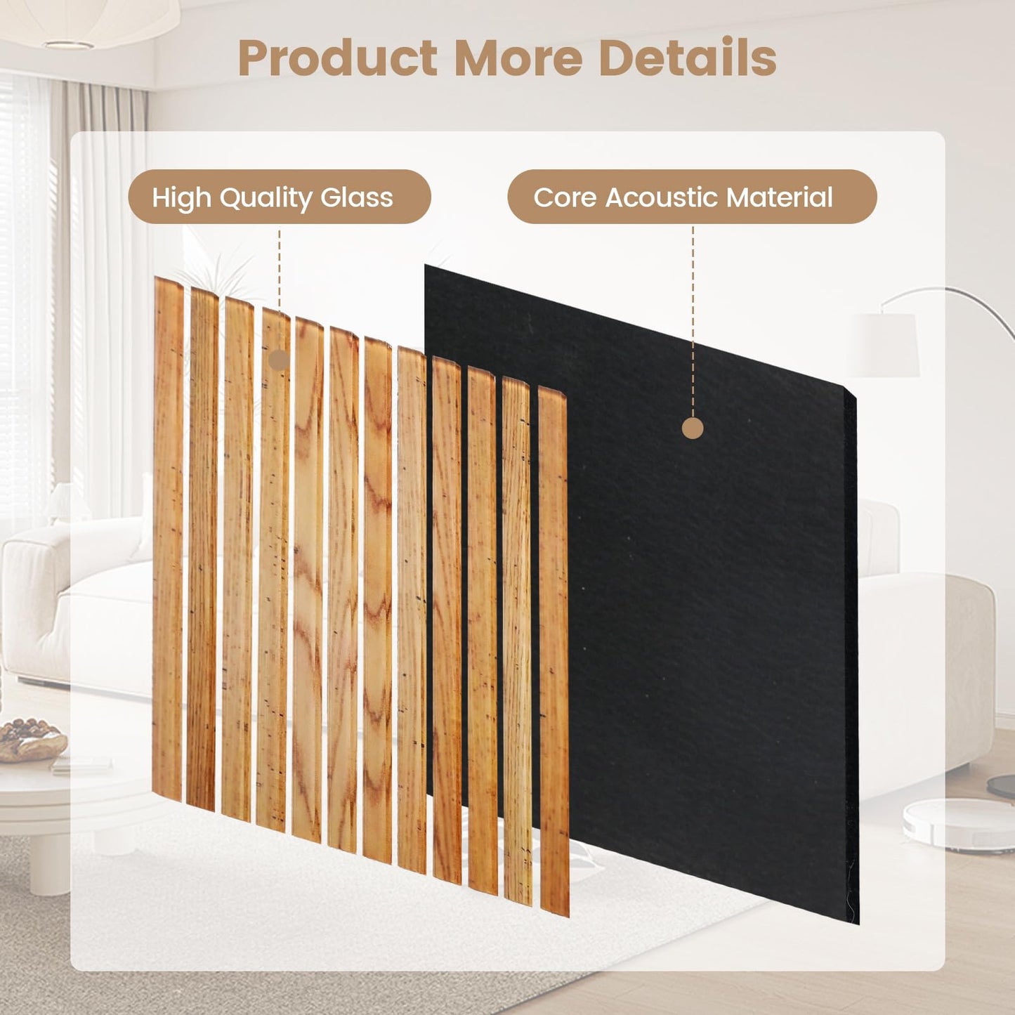 Adedeo Wall Panels 10 Pack 12 x 12 in Glass Strip Acoustic Panels for Wall and Ceiling - 3D Fluted Sound Absorbing Panel with Glass Finish - Dark Teak
