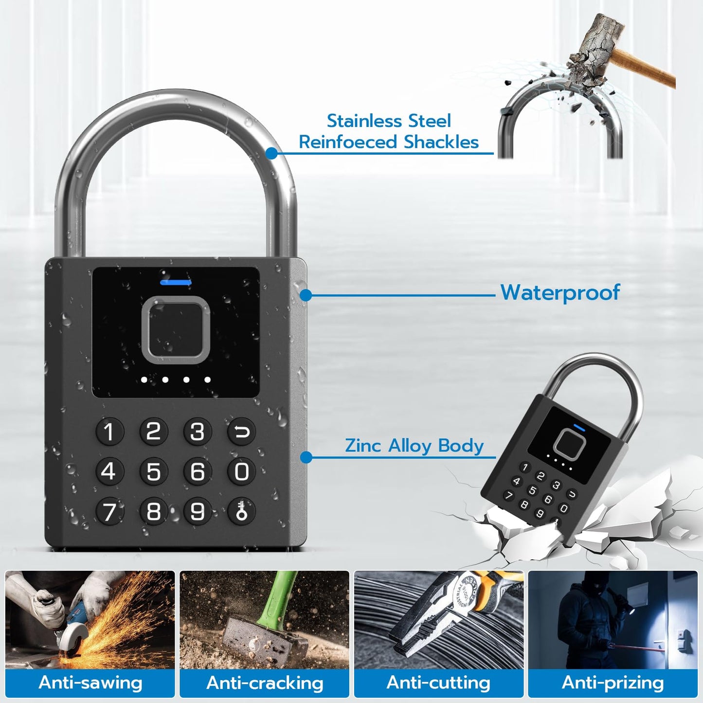 Foxlock Heavy Duty Smart Padlock with Key, Fingerprint Pad Lock with Code Keypad, Waterproof Electronic Digital Combination Lock for for Gate Outdoor Fence Storage Unit Outdoor Fence Shed Gym