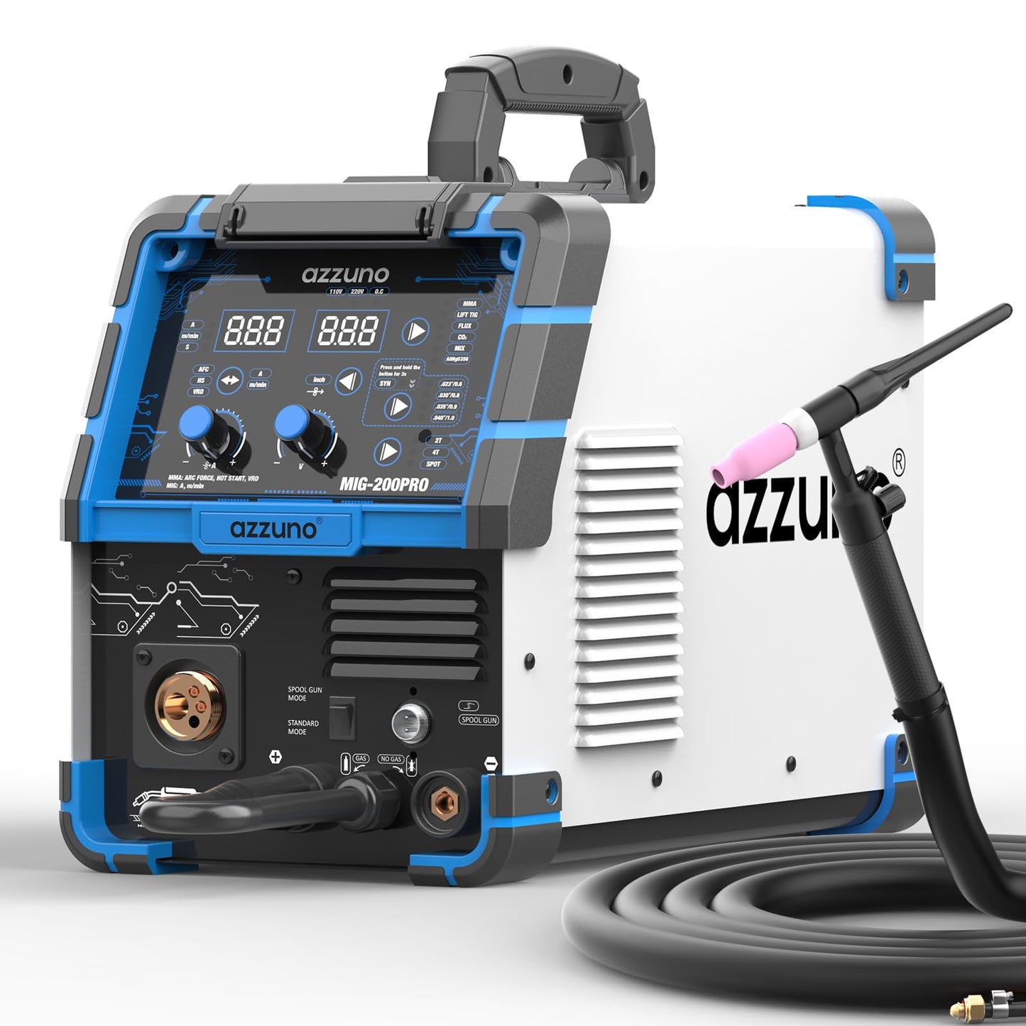 AZZUNO 8 in 1 200A MIG Welder+Lift TIG Welding Gun WP-17V(35-50mm²), 110V/220V Welder Machine Flux Core MIG/Gas MIG/MAG/Aluminum MIG/Spot MIG/Lift TIG/Stick Welding/Spool Gun Compatible
