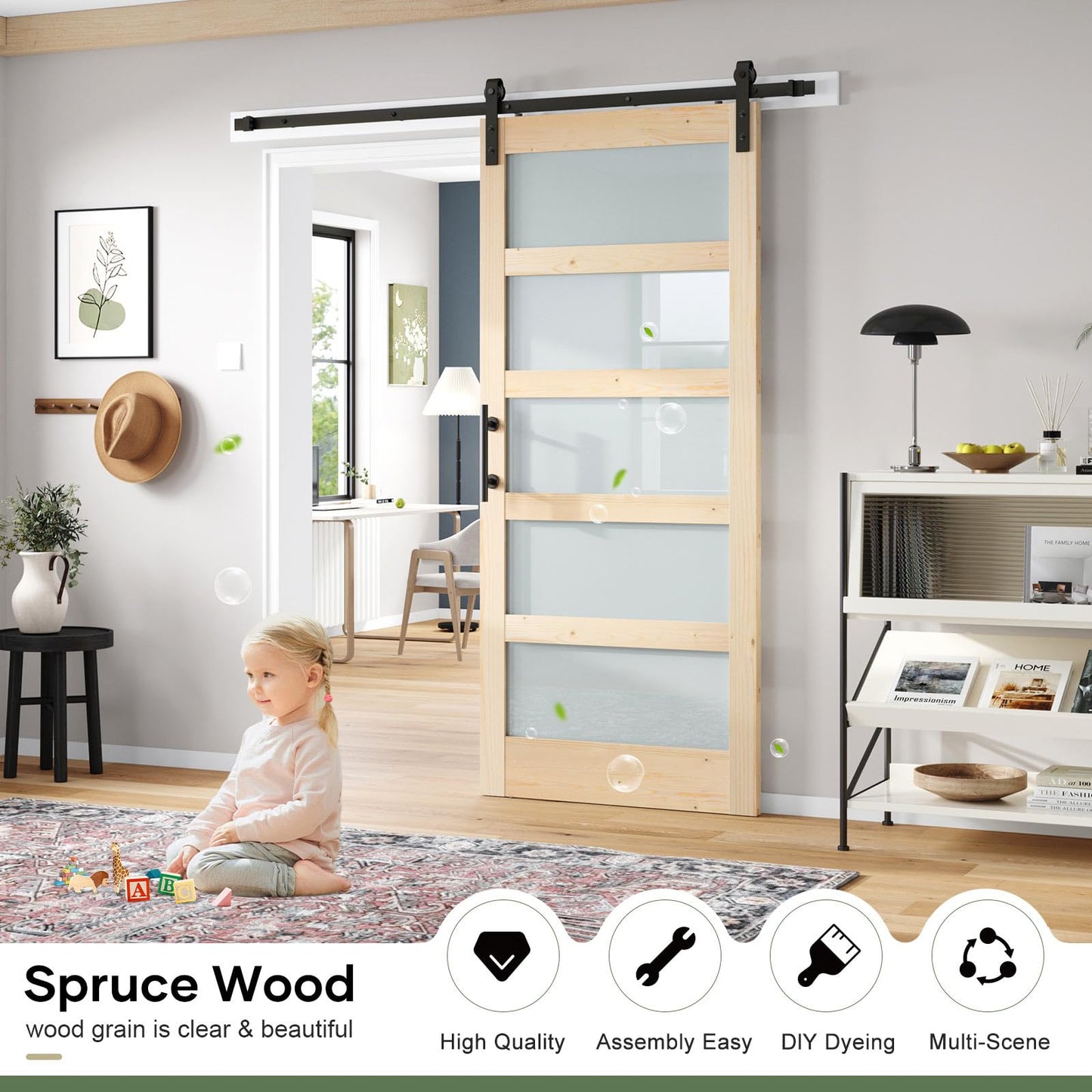 ROYMELO 36x84 inch Glass Sliding Barn Door Slab with 6.6ft Hardware Kit Included, 5-Panel Frosted Glass, Spruce Wood Support DIY Dyeing, Easy Assembly