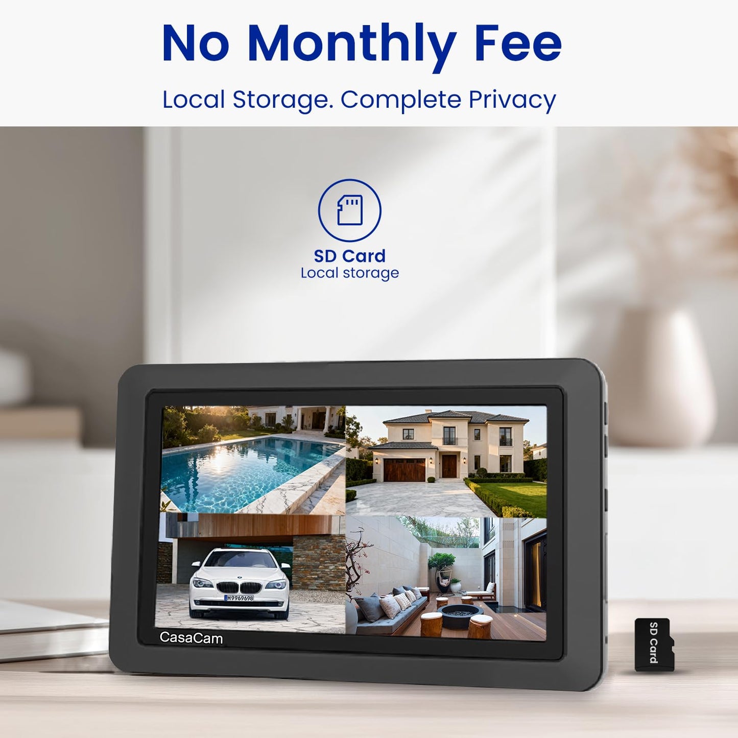 CasaCam Wireless Security Camera System Air | 7" Touchscreen Monitor and 2 720p Cameras | AC Powered, No Monthly Fees, Two-Way Audio, Free APP, Micro SD Card and Battery Installed, Model VS802