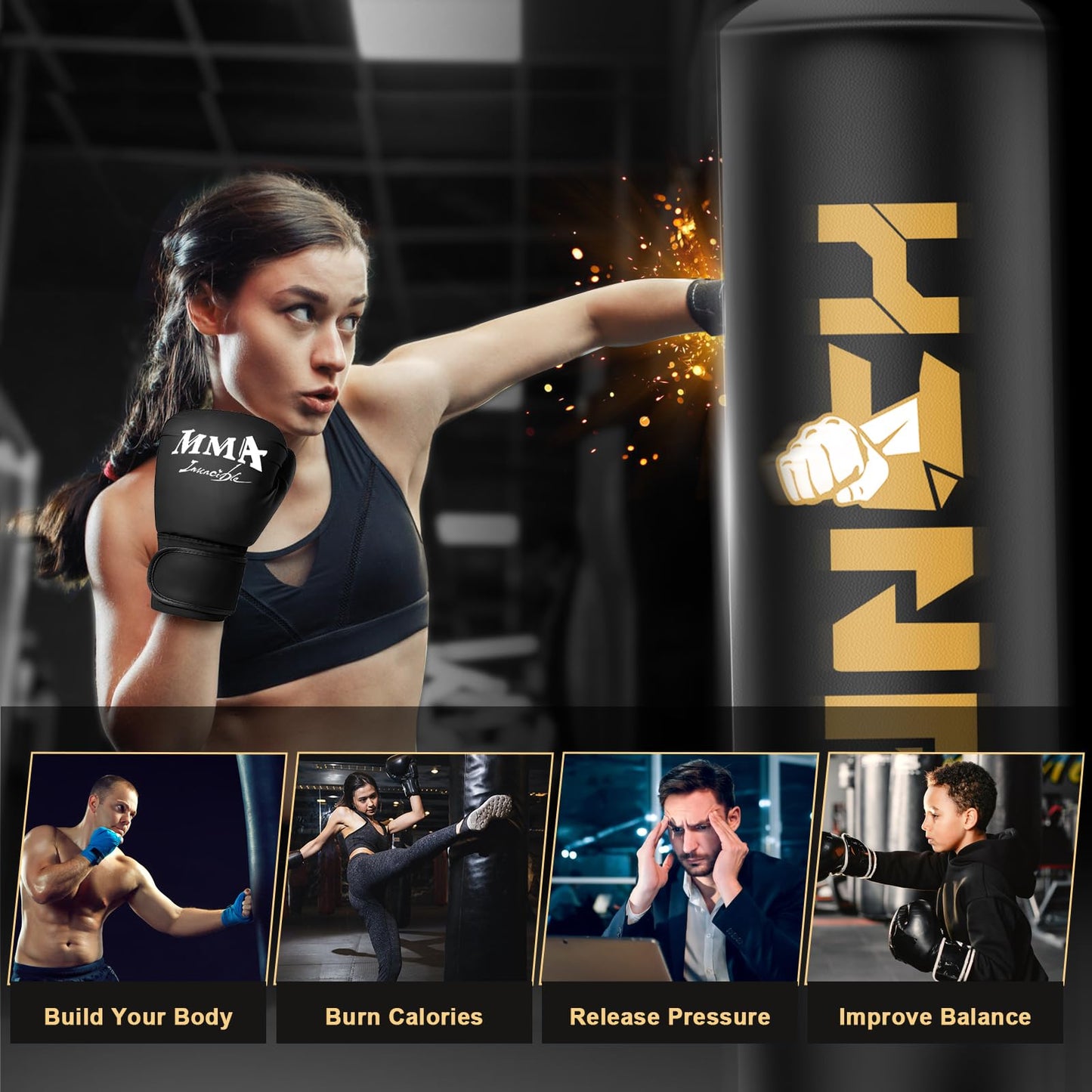 Heavy Boxing Bag with Stand for Adult Teens, Freestanding Inflatable Punching Bag with Gloves, Men Women Stand Kickboxing Boxing Set for Martial Arts MMA Home Gym Exercise Training Equipment