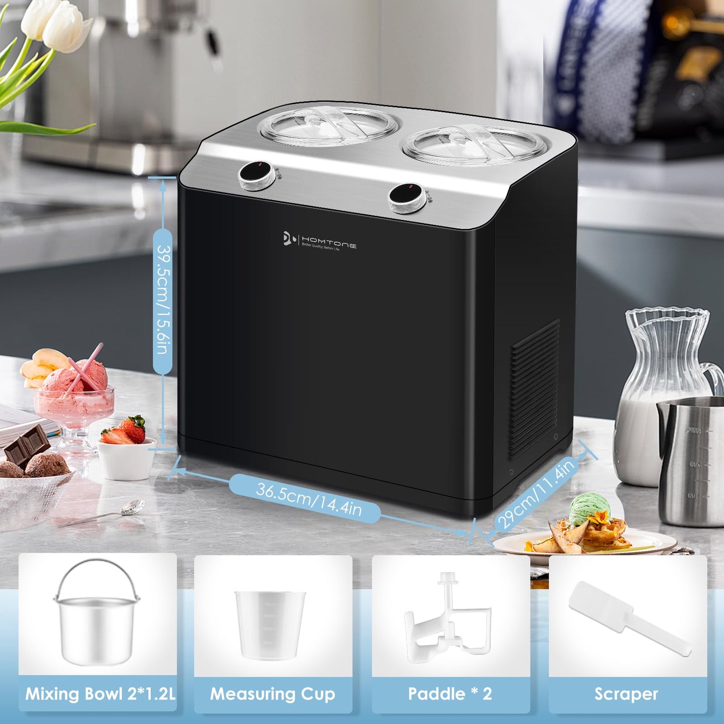 Homtone 2 Flavor Ice Cream Maker,Automatic Compressor Ice Cream Maker Machine with 2 Bowls,2.6QT (2 x 1.3qt) Largest Capacity & Fastest Freezing Ice Cream Machine, 3 Modes, Keep Cool Function