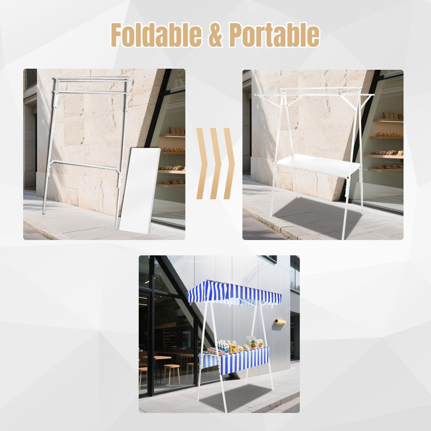 WEWLINE White Portable Display Stand for Party Decor, Birthday, Wedding, Celebrations, Commercial Events, Foldable Vendor Stall, Metal Drink & Gift Holder with Waterproof Canopy, Indoor and Outdoor