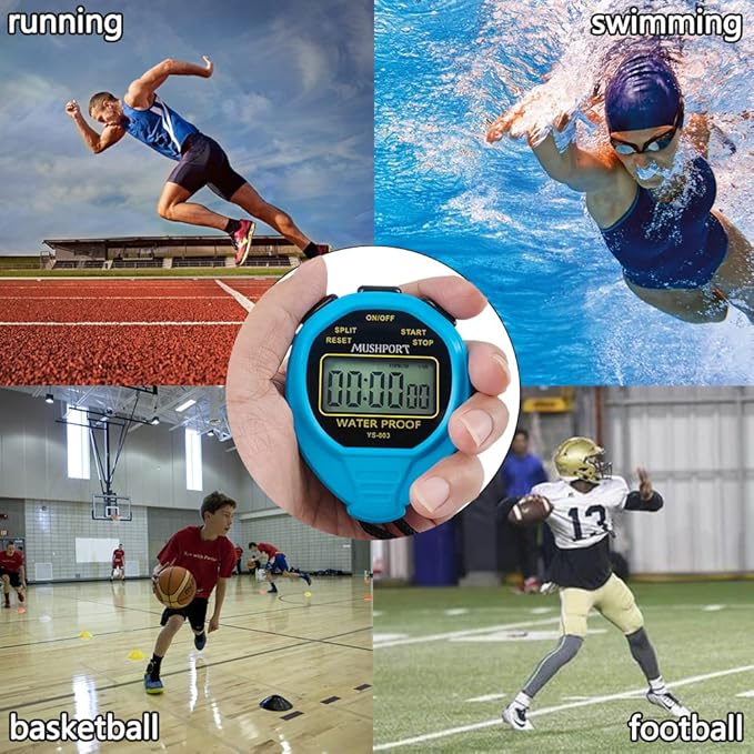 Waterproof Stopwatch Timer Only Stopwatch Mode, ON/Off Silent Simple Operation, Without Clock Date Countdown, Digital Stop Watch for Swimming Sports, Blue