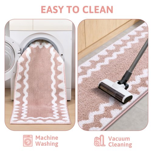 Findosom Bathroom Rugs Sets 5 Piece, Absorbent Soft Non-Slip Washable Microfiber Shaggy Bath Mat Set with Bathroom Runner Rug, U-Shaped Toilet Rugs, Shower Rug & Toilet Lid Cover, Pink-White