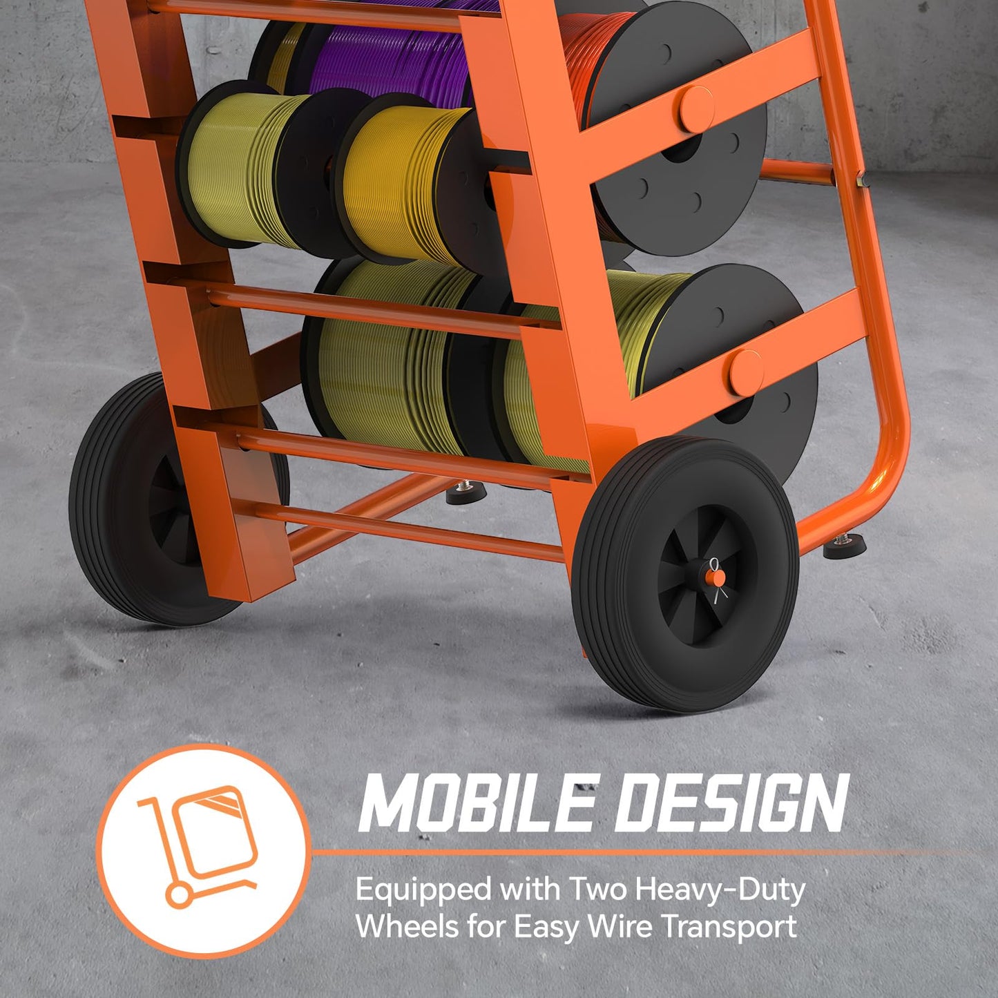 Wire Spool Rack Cable Caddy,Portable Wire Rack Dispenser with Wheel, Automotive Wiring Storage, Multi-Spool Wire/Cable Dispenser, Electrical Wire Spool Holder Cart with Storage Tray (Orange)