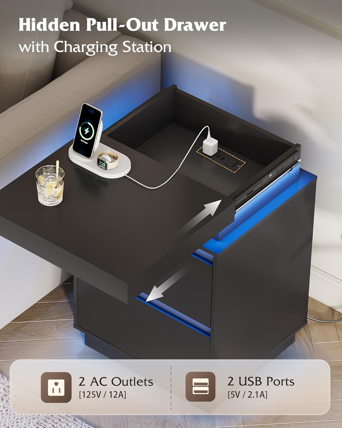 WLIVE Tall Black Nightstand - Modern Bedside Table with LED Lights & Charging Station | 2 Wooden Drawers