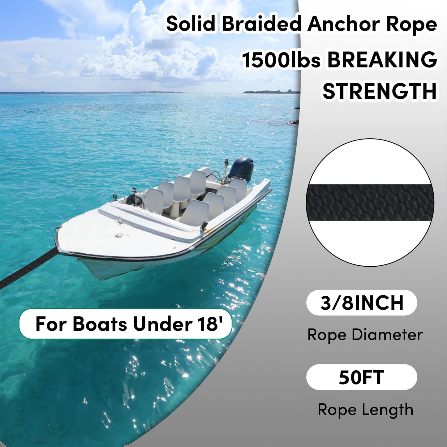 Anchor Rope 3/8in x 50FT,Premium Solid MFP Braided Anchor Ropes Anchor Line,Boat Anchor Rope with Stainless Steel Thimble & Snap Hook,Marine Rope for Anchors and Boats (Black)
