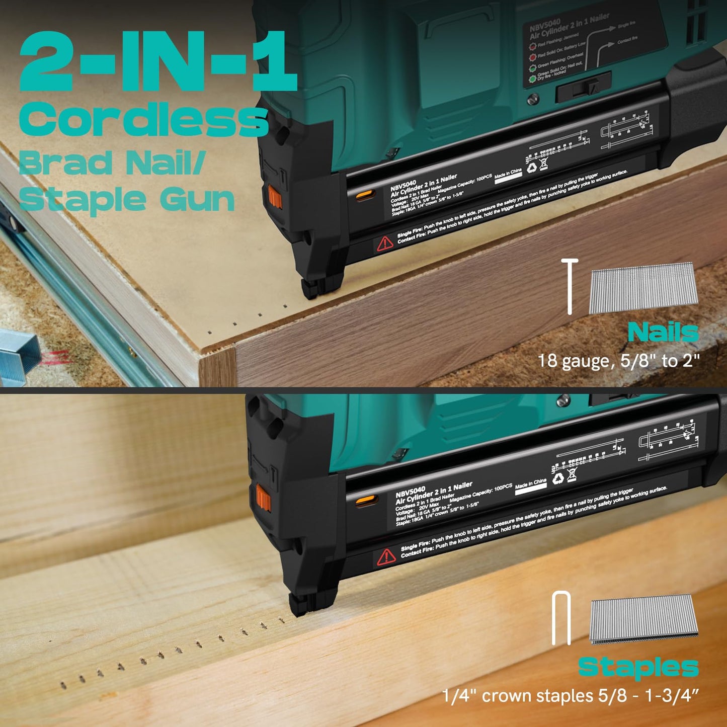 NEU MASTER Nail Gun Cordless with Battery, 2 in 1 20V Brad Nailer/Staple Gun, 18 GA 1000pcs Nails & 500pcs Staples, Nail Gun Battery Powered for Home Improvement, Woodworking, Upholstery & Family DIY