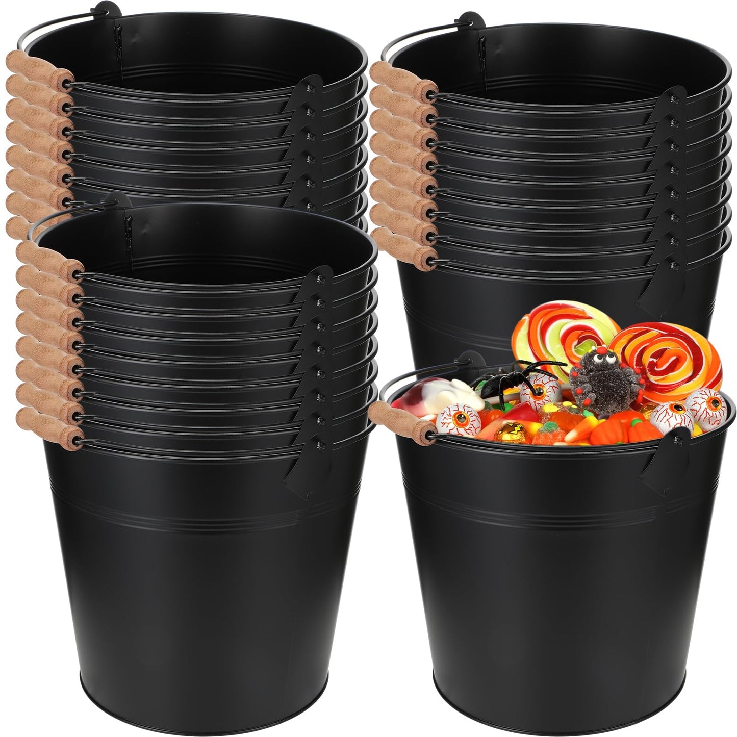 Didaey 24 Pcs Large Galvanized Metal Buckets with Handle 10 Inch Heavy Duty Stainless Steel Pails Round Pail for Party Wedding, Crafts, Utensils, Table Centerpieces (Black)