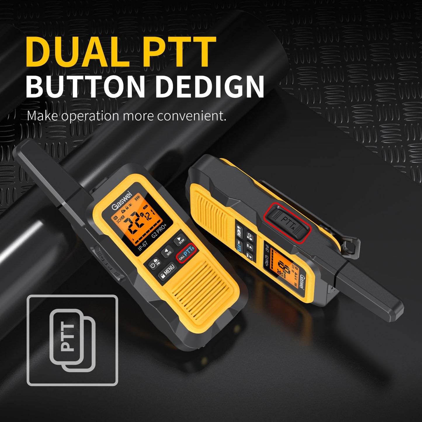 Gaswei G2pro+ IP67 Waterproof Floating Heavy Duty Walkie Talkies Long Range for Adults FRS Double PTT，FM radio,SOS,NOAA weather Rechargeable Two Way Radios 2 watts,VOX,Li-ion Battery (2 Pack - Yellow)