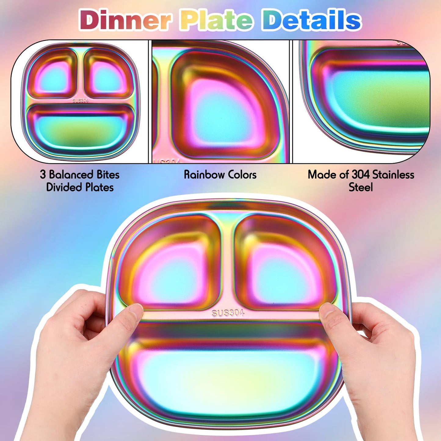 Tioncy 5 Pcs Stainless Steel Kids Dinner Set, 1 Bowl, 1 Balanced Bites Divided Plate, 1 Cup, 1 Spoon and 1 Forks, Stainless Steel Lunch Plates Dinnerware Set for Kids Toddlers(Classic)