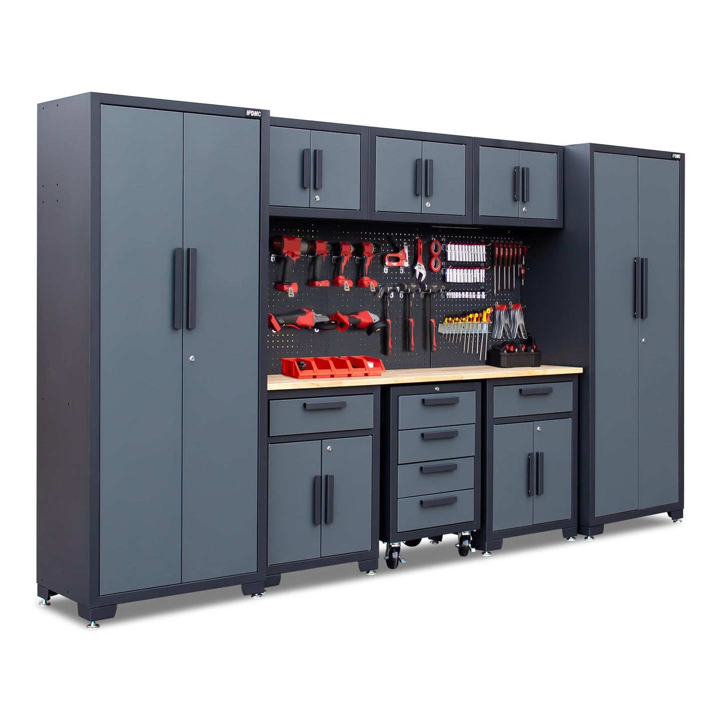 HPDMC Garage Storage Cabinet System 9-Pcs Workshop Set Garage Cabinets and Storage System with Steel Drawers, Rolling Chest, Workbench, Pegboard for Tool Organization