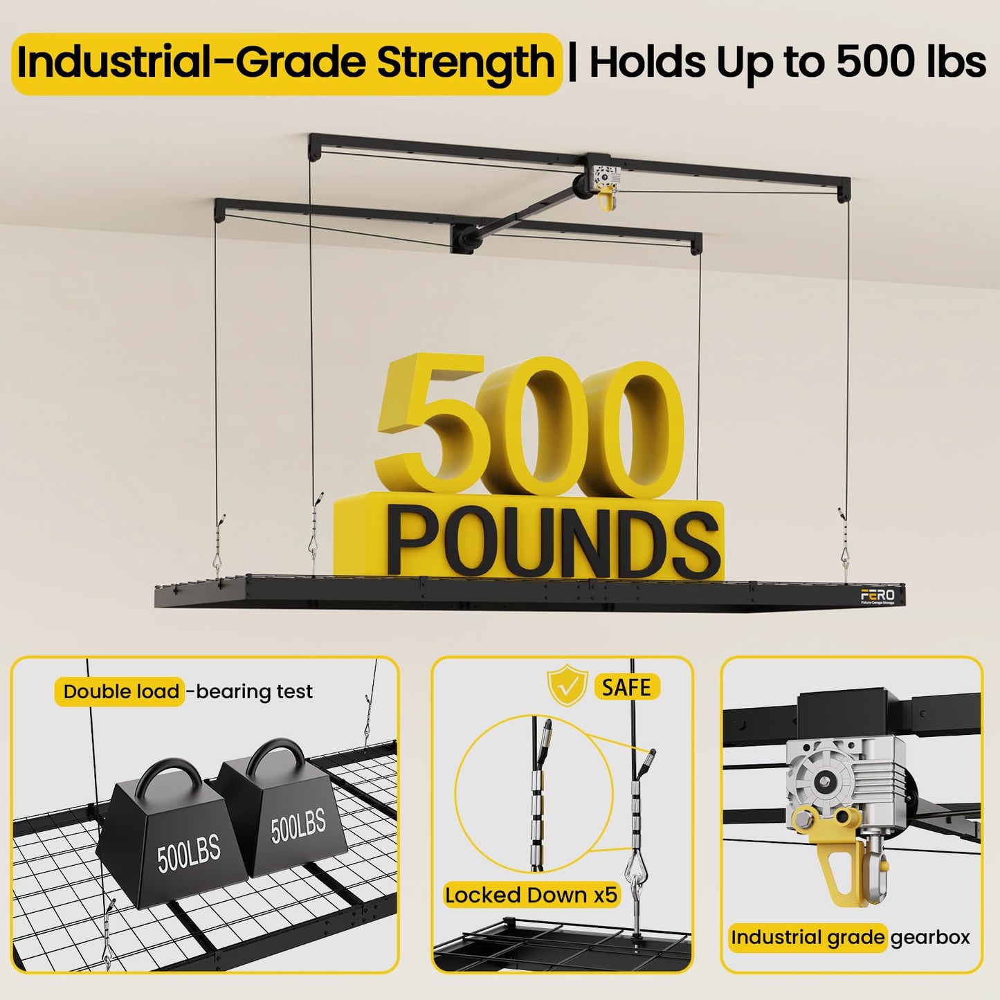 FERO Overhead Garage Storage Rack, 500 lb Capacity, 4x8 FT Garage Ceiling Storage Rack with Safety Lock, Heavy-Duty Ceiling Mounted Lift System, Drop-Down Garage Ceiling Organizer