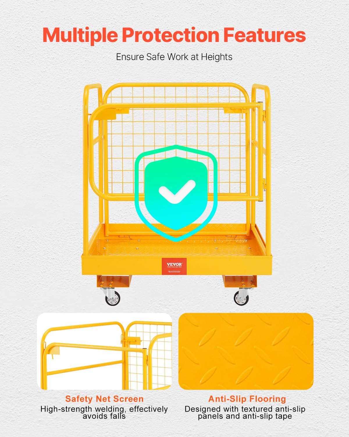 VEVOR Forklift Man Basket, 36 x 36 Inches Forklift Safety Cage Work Platform 1200 lbs Load Capacity, Collapsible Lift Basket with 4 Wheels Device Chain for Aerial Work Lifting Loader