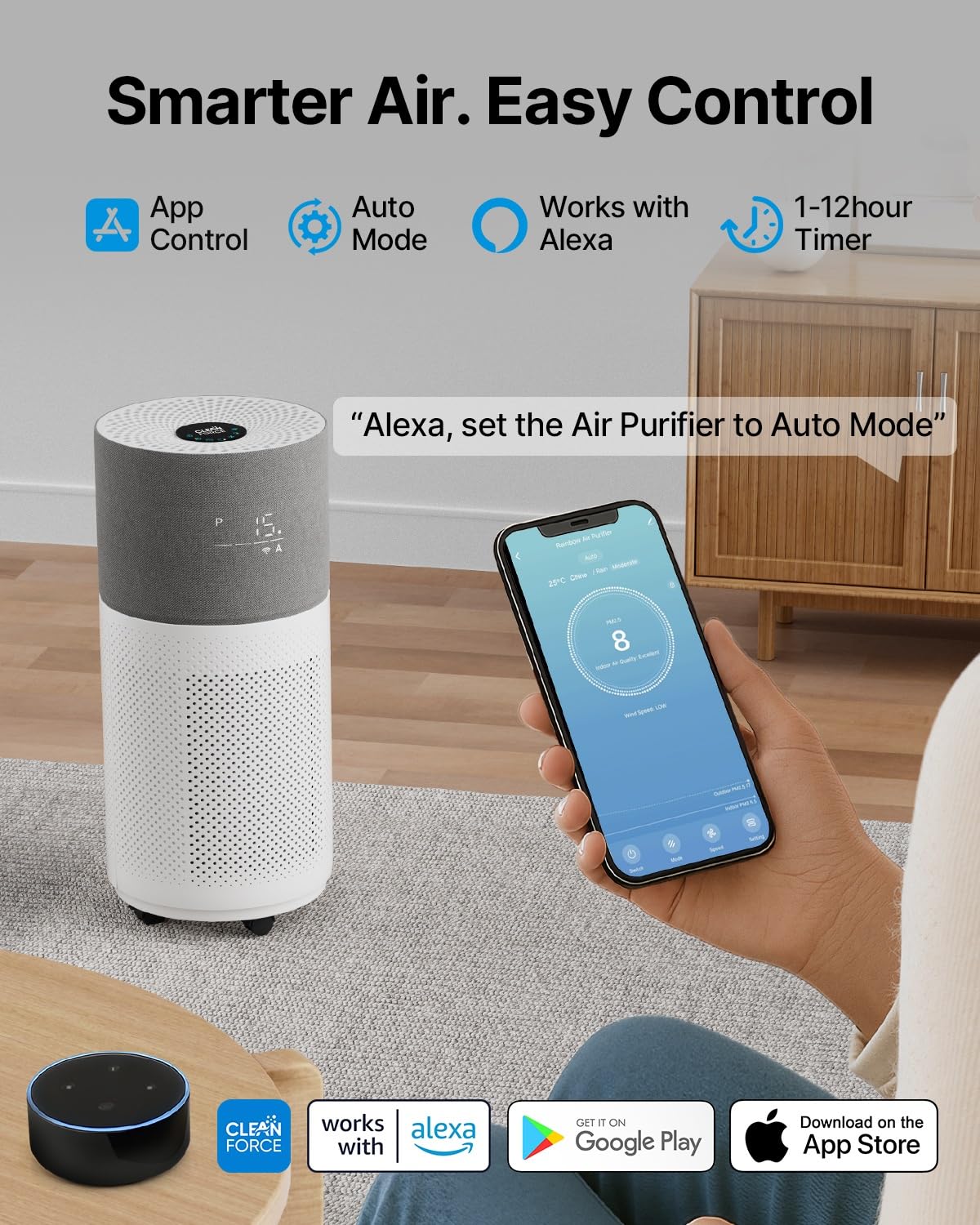 CleanForce Rainbow Air Purifier for Large Room up to 2250 ft², Advanced True HEPA & Carbon Filter, Reduces Dust, Pollen, Smoke & Pet Dander, Alexa/App Control, Ozone-Free | Gray