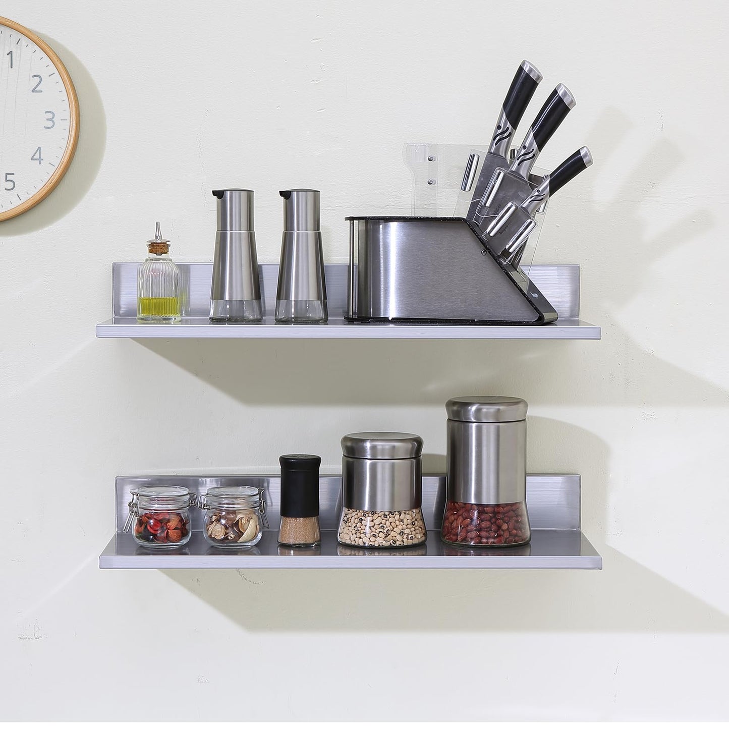 VEVOR 8.6" x 24" -2Pack Stainless Steel Shelf, Wall Mounted Floating Shelving with Backsplash, 44 lbs Load Capacity Commercial Shelves, Heavy Duty Storage Rack for Restaurant, Kitchen, Bar, Home