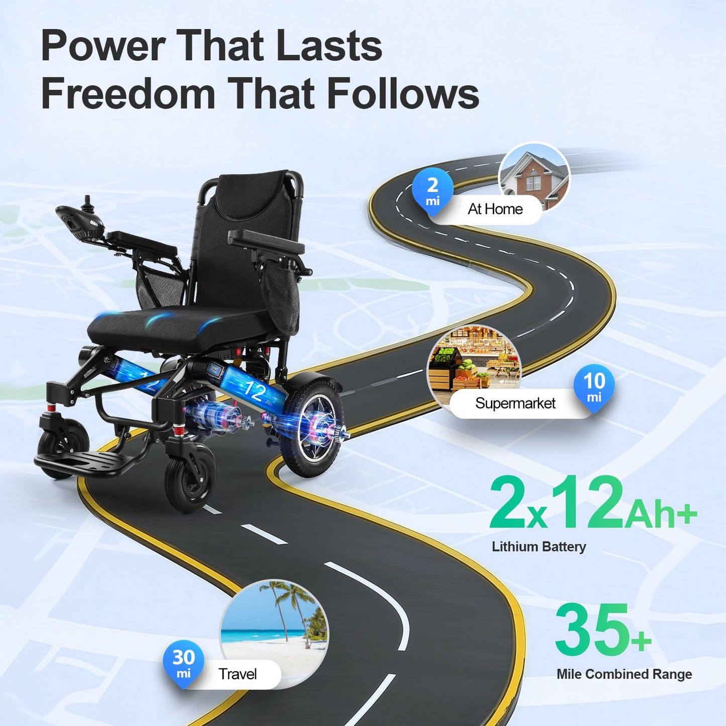 35 Miles Long Range Electric Wheelchair for Adults, Foldable Motorized Wheelchair with 2 Removable 12Ah Batteries, All Terrain Power Wheelchairs for Senior, Airline Approved, Black