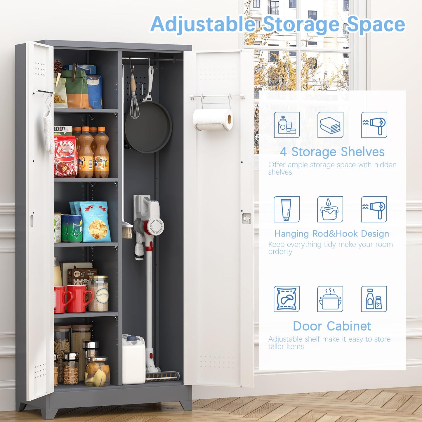 IRONFFICE Metal Storage Cabinets with Doors and Shelves,Tall Broom Closet Storage Cabinet with Pegboard,Utility Tool Cabinets,Steel Locking Cabinets for Home Office,Basement,Laundry,Grey-White
