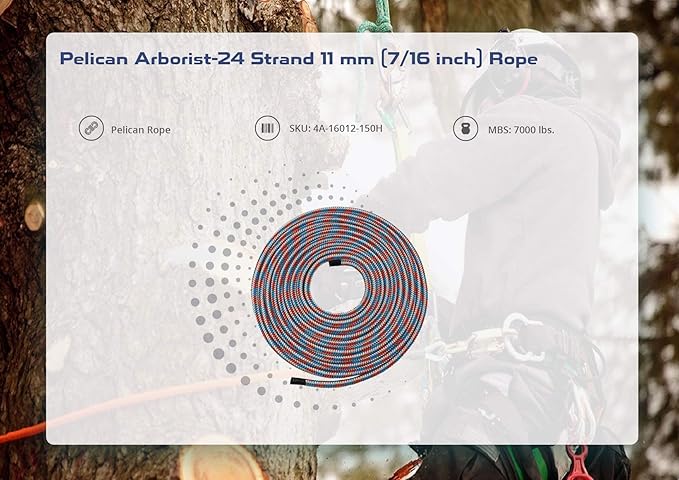 Pelican Arborist-16 Strand 12.7 mm (1/2 inch) Arborist - 7000 lbs Breaking Strength - Static Climbing Rope Used for Arborists - 150 ft - Plain End