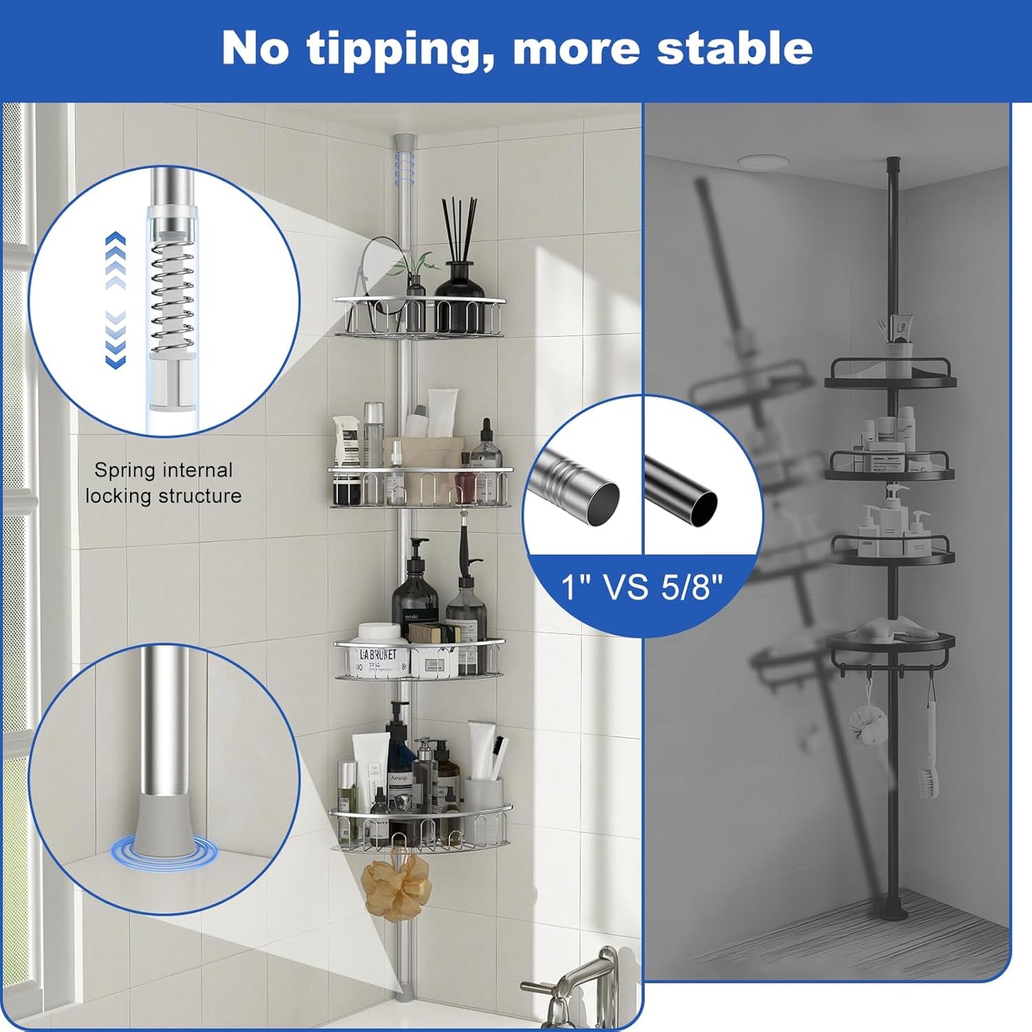 Skiennix Corner Shower Caddy - Aluminum Tension Pole Organizer with 4 Adjustable Rustproof Shelves | 47-121 Inch, No Drilling, Quick Installation
