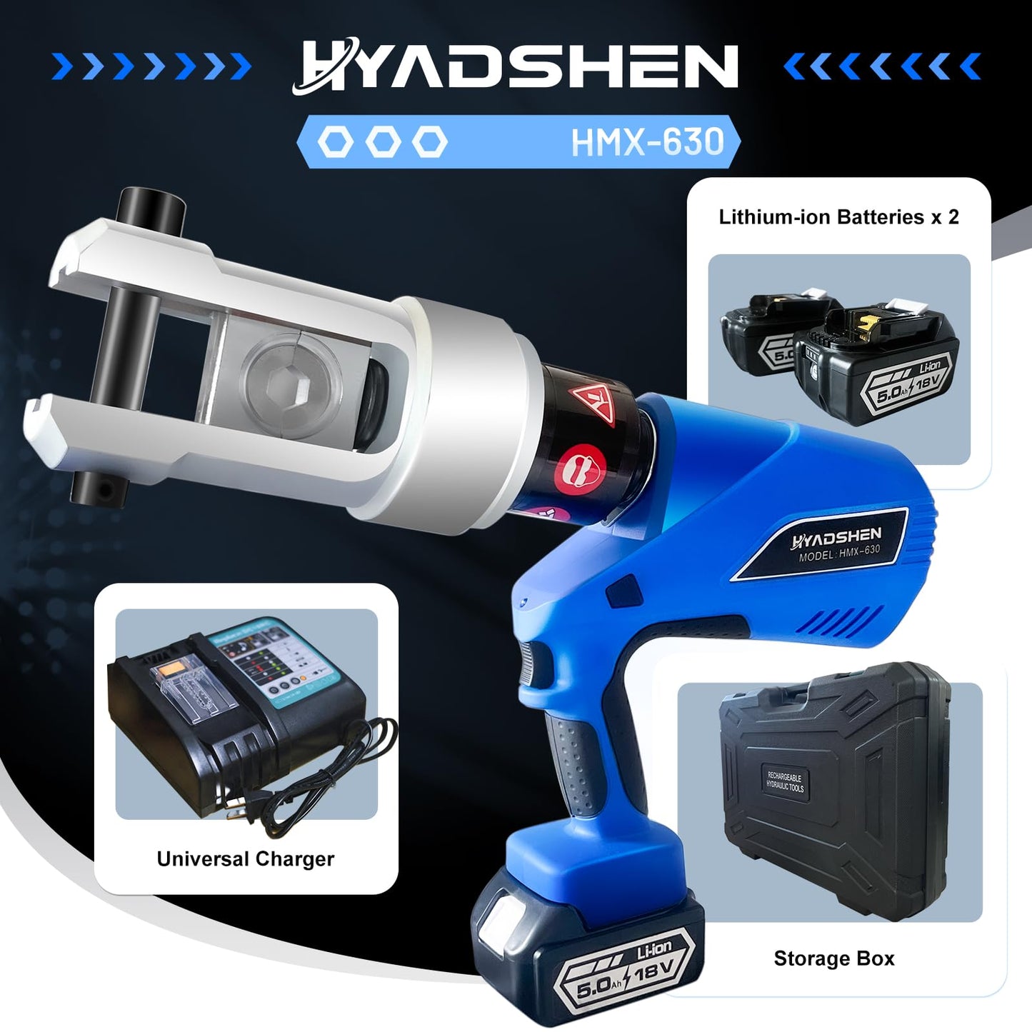 HYADSHEN Electric Hydraulic Cable Lug Crimper Pliers Rechargeable Crimping Tool 20 Ton Electrical Terminal Cable Wire Fiber Crimper Kit with 7 Dies (HMX-630)