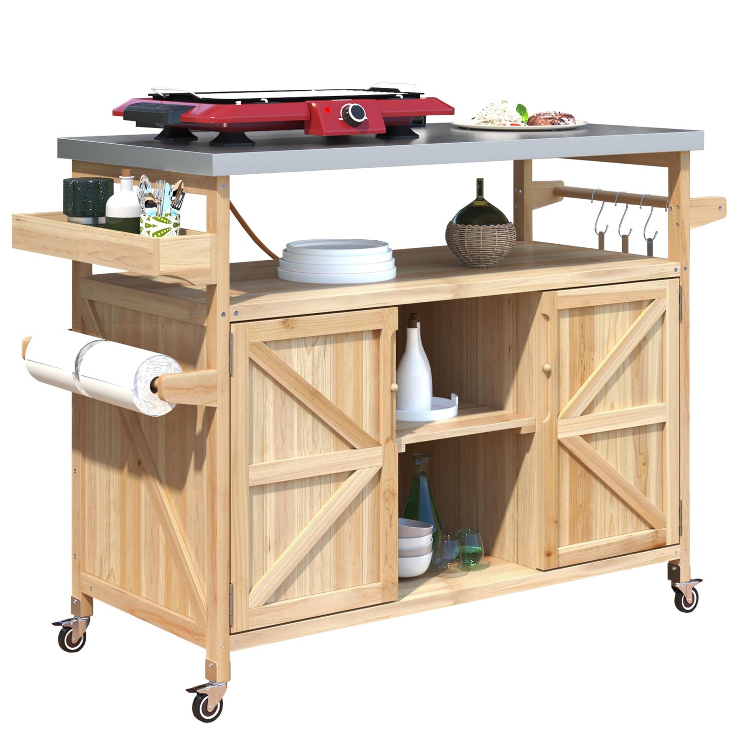 Sailret Outdoor Kitchen Island with Stainless Steel Top, Rolling Bar Cart & Storage Cabinet, 100% Solid Fir Wood BBQ Prep Station Grill Table with Spice Rack & Towel Holder (Natural, 50-Inch)