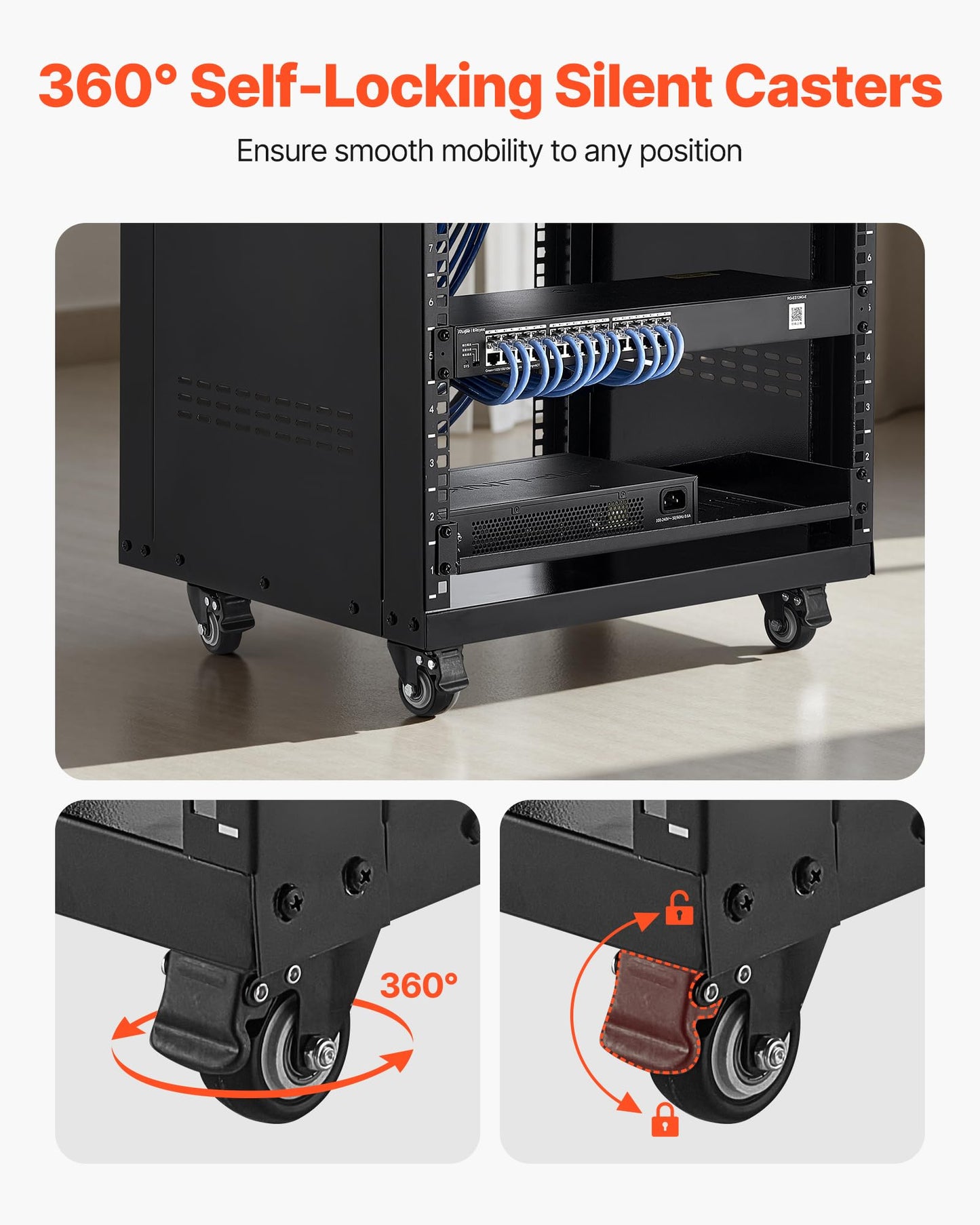VEVOR 16U AV Rack, Recording Studio Rack Cabinet, Open Frame Server Rack with Locking Caster Wheels, Removable Side Panels & Vent Design for 19" Network, Audio, Video, IT & Network Equipment Mounting