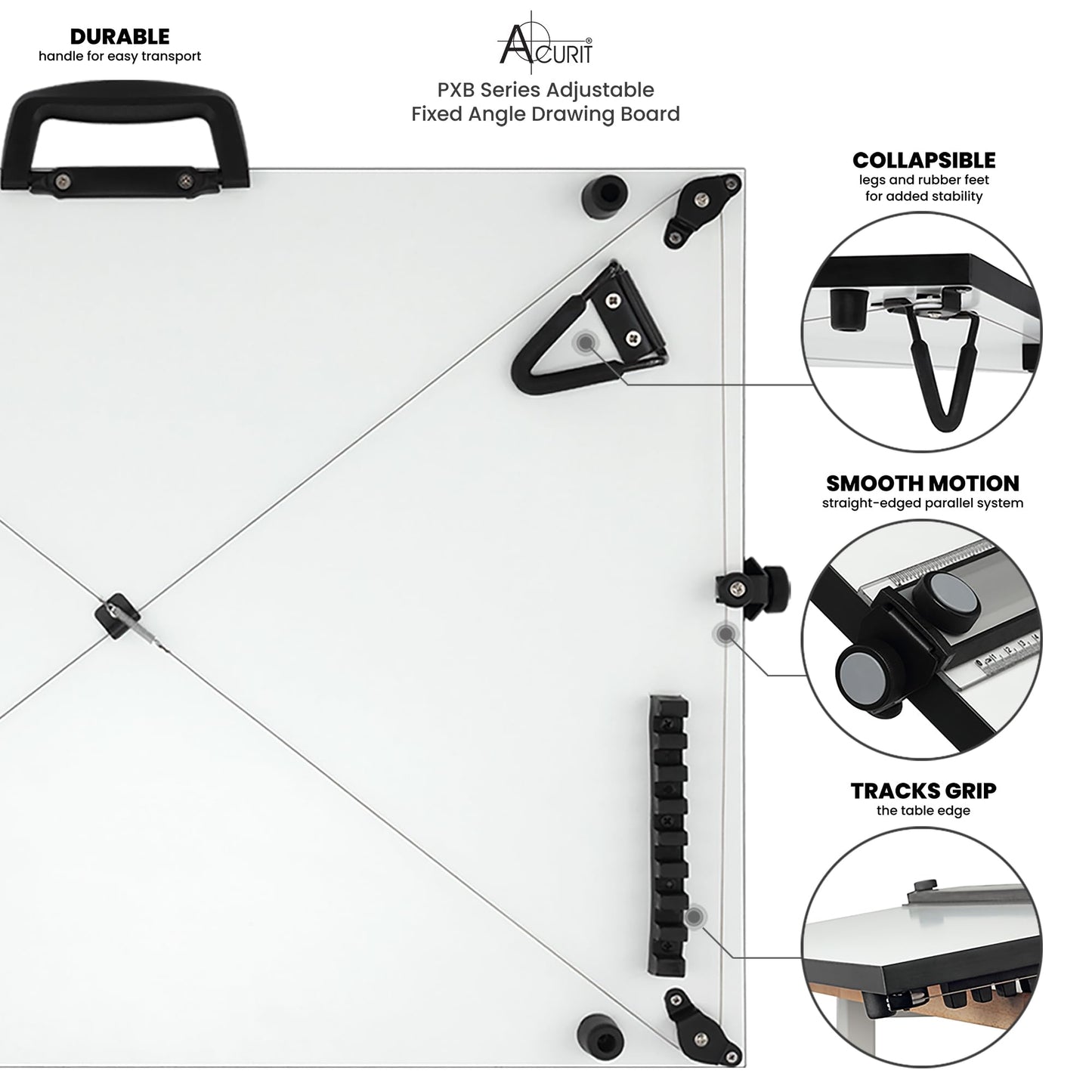 Acurit PXB 20” x 26” Drawing Board for Artists and Designers - Portable Workspace for Drawing, Sketching, Drafting, Painting - Fixed Angled Laminated Surface with Ruler and Parallel Motion Bar