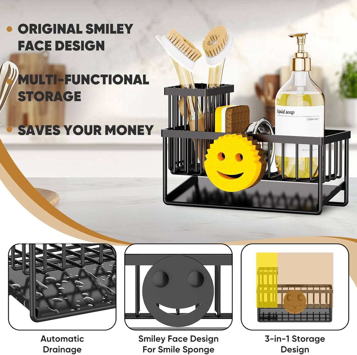 Skiennix Sponge Holder - Smiley Face Sink Caddy with Removable Brush Holder | Self-Draining Kitchen Essential
