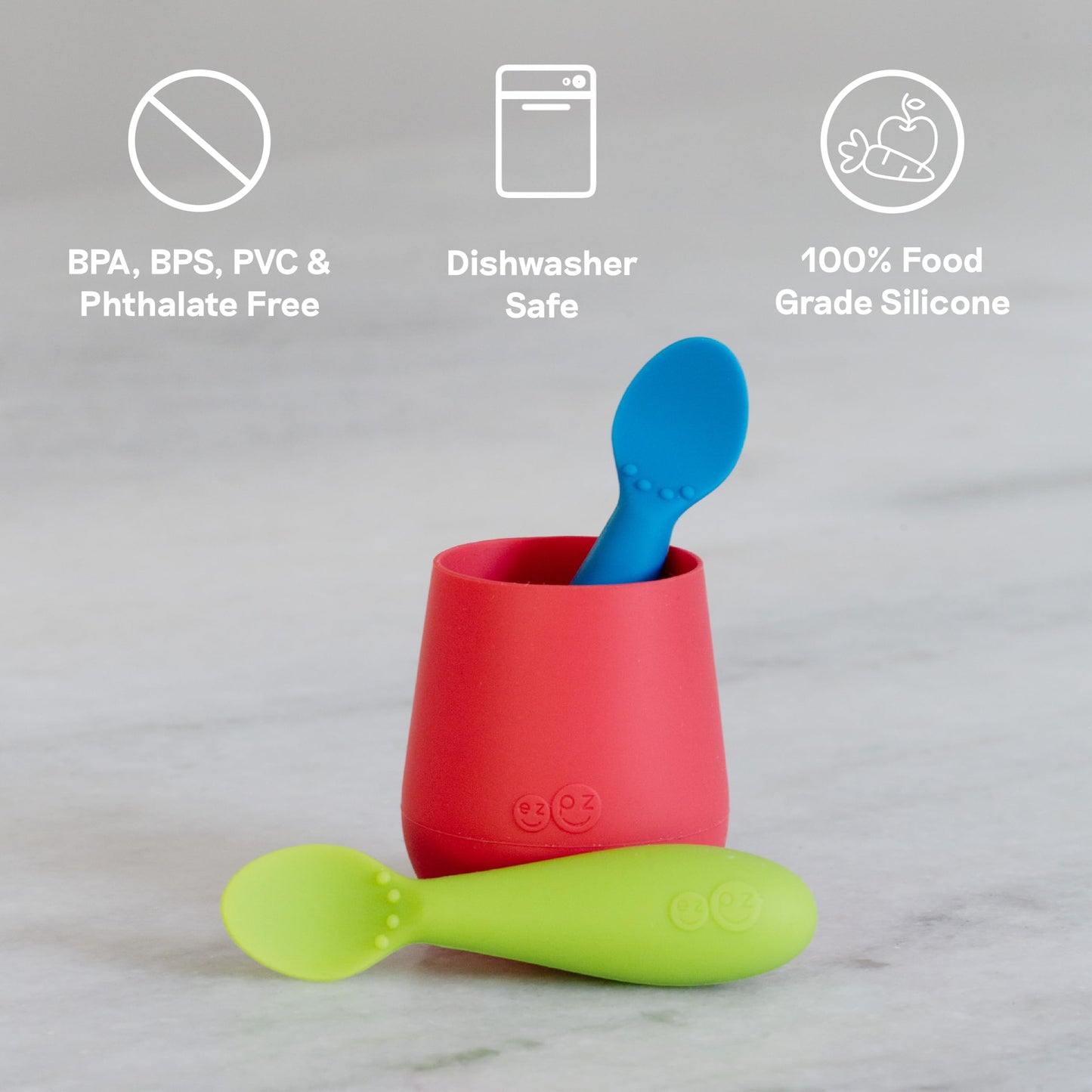 ezpz Tiny Cup (Pewter) + Tiny Spoon (2 Pack in Pewter) - baby essentials, cup and spoon