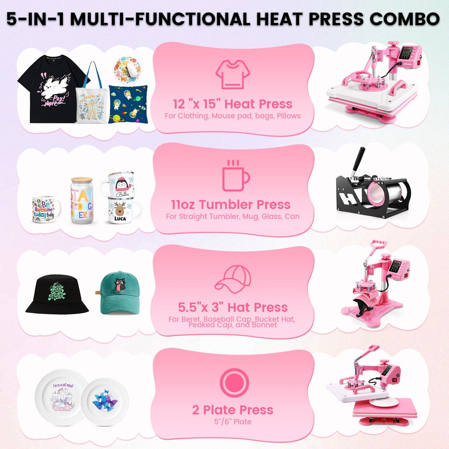 Whubefy Heat Press 12x15 inch 5 in 1 Combo with Mug Press, 360° Swing Away Digital Shirt Press Machine, Industrial-Quality Heat Transfer Sublimation for T-Shirt/Tumbler/Mug/Hat/Cap/Plate