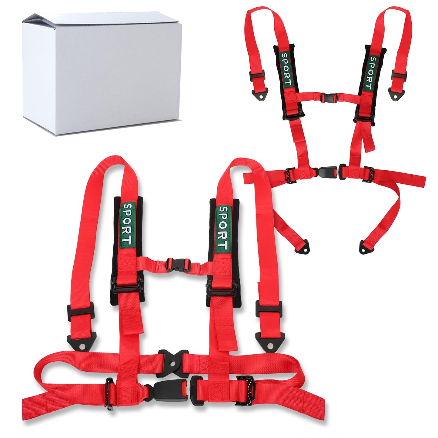 BESTZHEYU 2 PCS 4 Point Harness with 3 Inch Comfortable Heavy Duty Shoulder Padding with Quick Auto buckle for UTV ATV Sports Car, Racing Car, Car Red Racing Harness