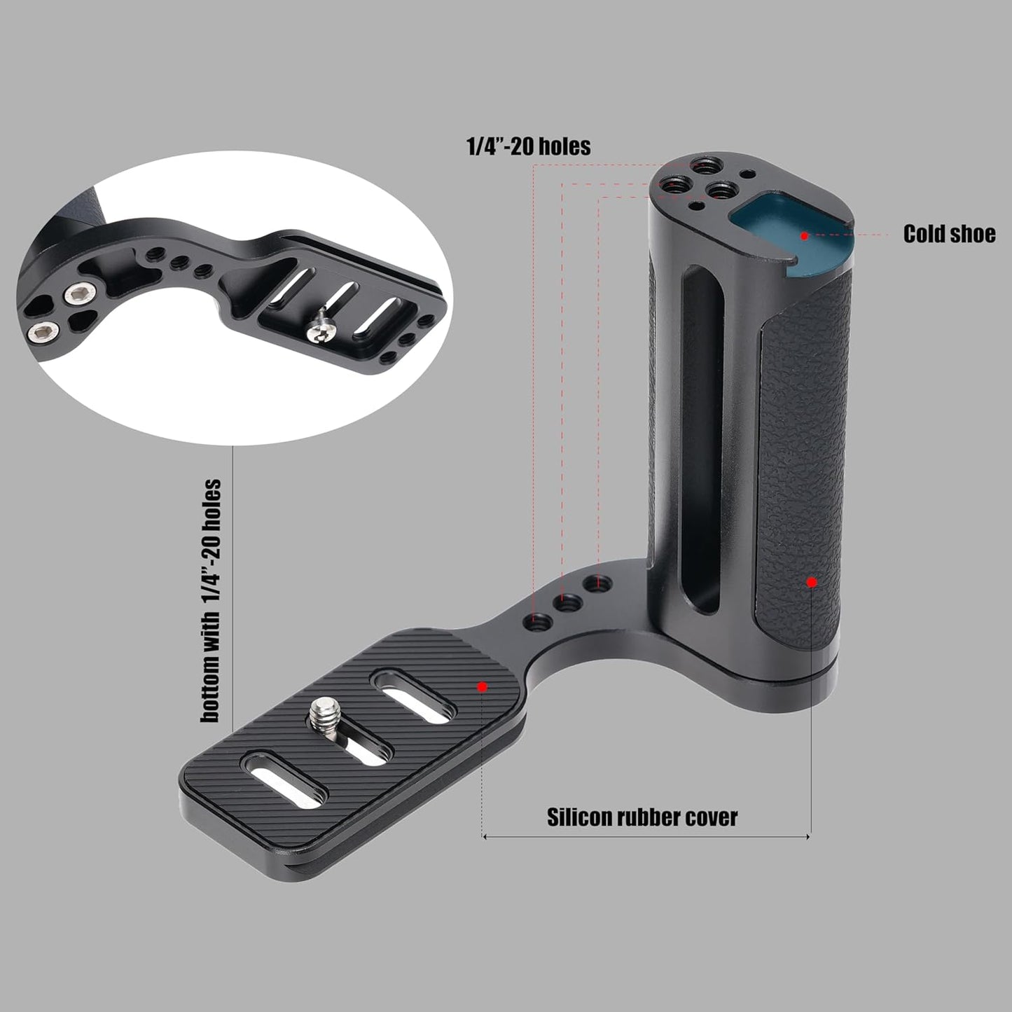 FOTGA 1/4"-20 Universal Side Handle Hand Grip Holder Video Stabilizer with Arca Swiss Base Plate