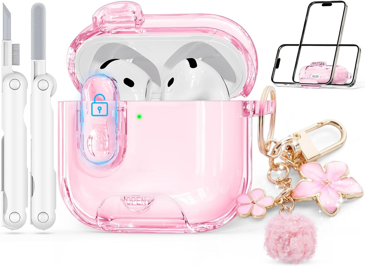 Skyconser 4 Clear Case for AirPods Case Cover with Safety Lock,Soft TPU Cover with Phone Stand & Cleaning Kit,Cute