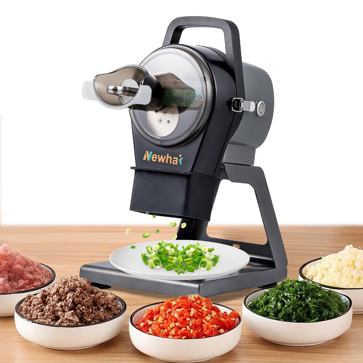 Newhai Commercial Scallion Slicer Spring Onion Chopper Electric Vegetable Cutter for Garlic Ginger Chili Potato Cucumber, 6000BPM, 200W, with 2 Back-up Blade Discs