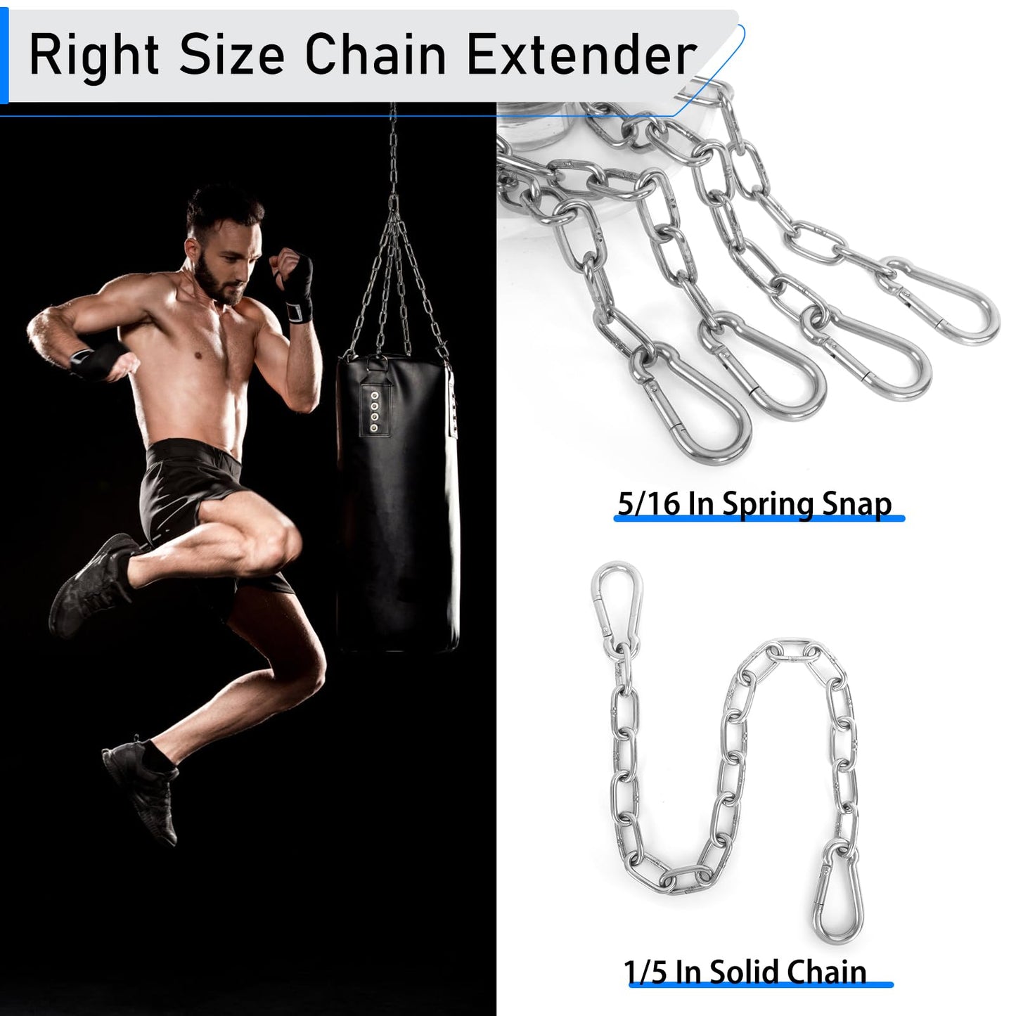 2 Pack 30 Inch Heavy Duty Chains, 1/5 Inch Thick Steel Hanging Chain with Spring Snap, Easy to Install Chain Extender for Punching Boxing Bag, Hammock, Porch Yoga Trapeze Swing, Silver, 440LB