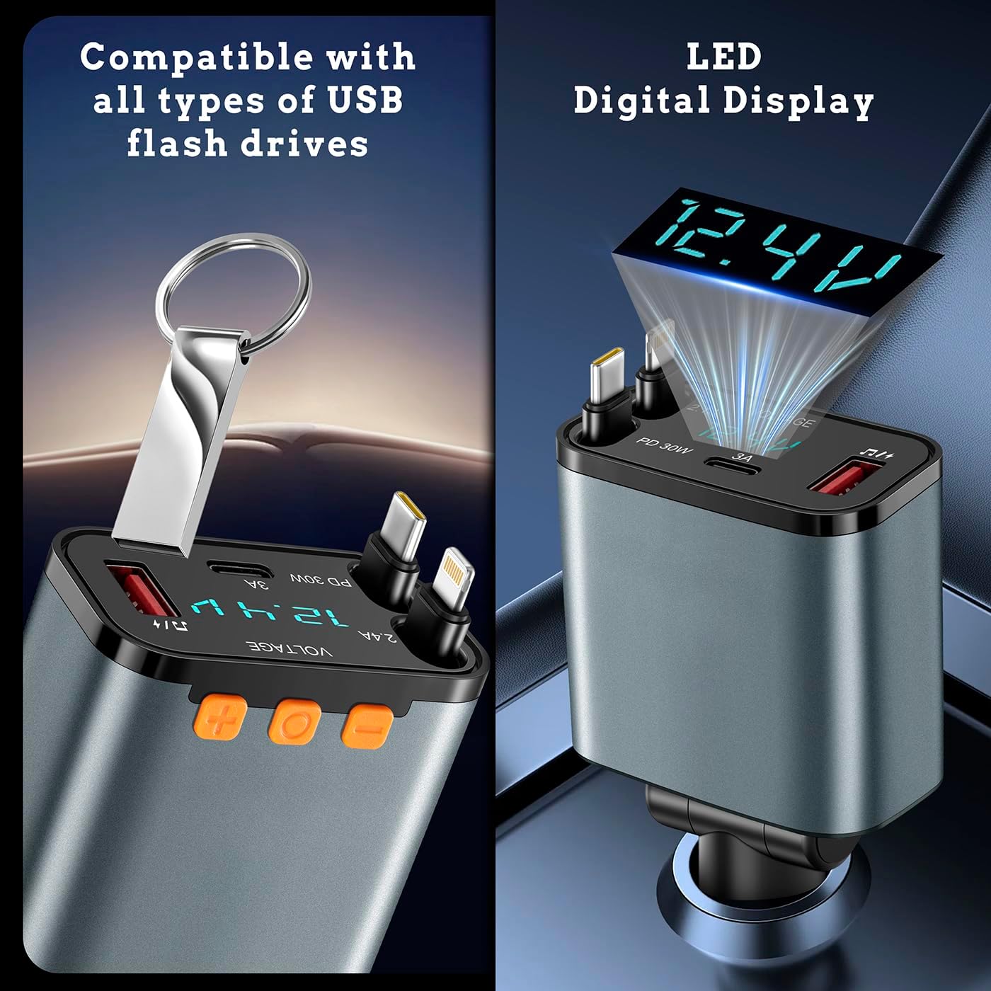 50W MP3 12V/24V PD Car Charger with Bluetooth FM, Retractable Type-C & Lightning Cables, Hands-Free Calling Kit, USB