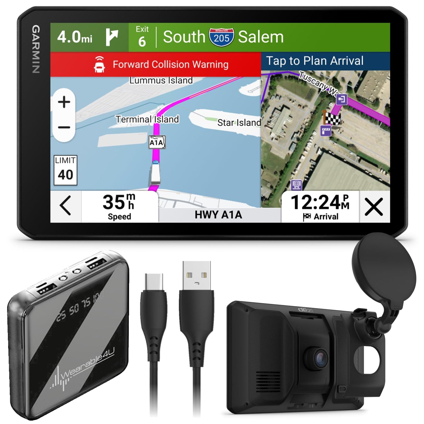 Garmin dezICam OTR725, NA MT-S, GPS Truck Navigator and Wearable4U PowerBank Bundle