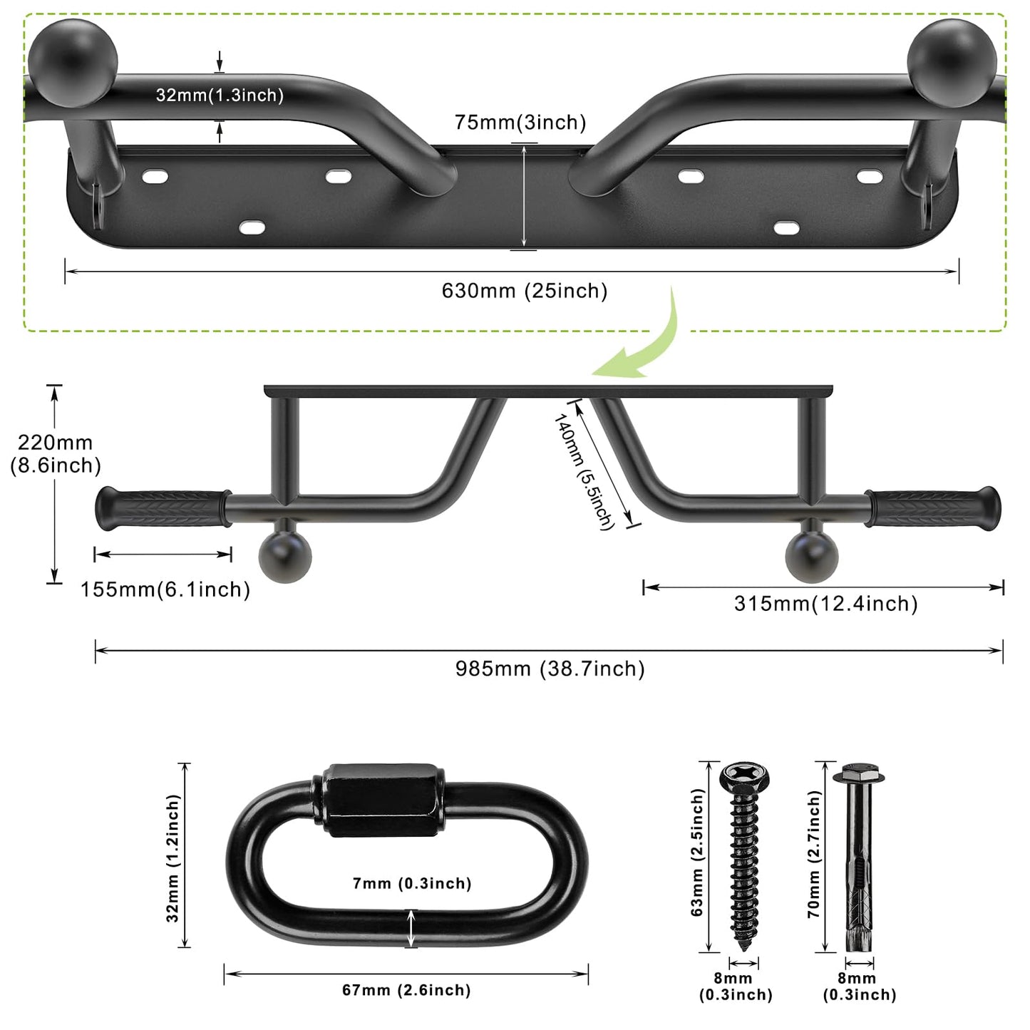 BeneLabel Wall Mounted Pull Up Bar 440 LBS Capacity Multifunctional Doorway Pullup Bar Beam or Joist Mount Chin Up Bar with Resistance Band Hooks and Ball Finger Training
