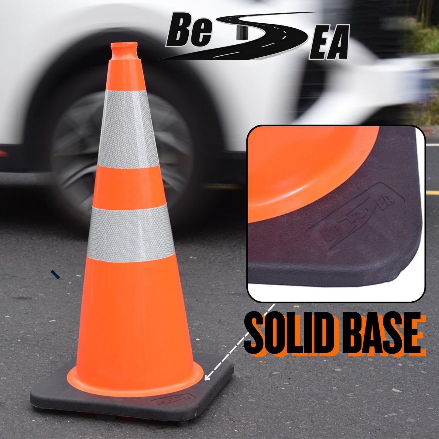 (8 Cones) BESEA 28” inch Orange PVC Traffic Cones, Black Base Construction Safety Cones Road Parking Cone Structurally Stable Wearproof (28" Height)