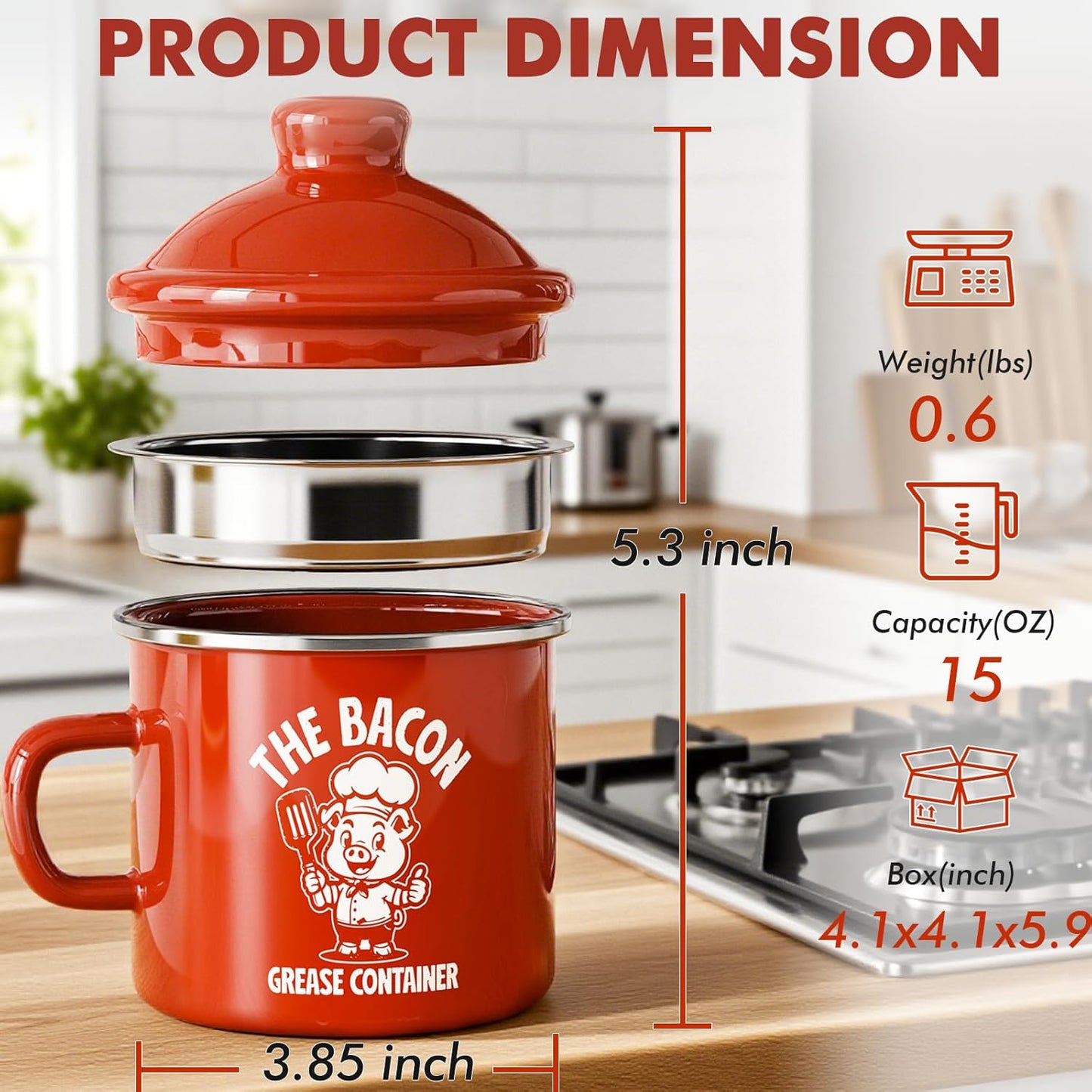 PGYARD Mini Bacon Grease Saver - 15oz Enamel Container with Strainer | Farmhouse Kitchen Fat Keeper, Dishwasher Safe - Red
