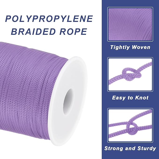 MECCANIXITY 1/12 Inch Polypropylene Rope Braided Ropes, 328ft Nylon Rope Hollow Utility Cord for Clothesline, Camping, Hiking, Outdoor, Light Purple
