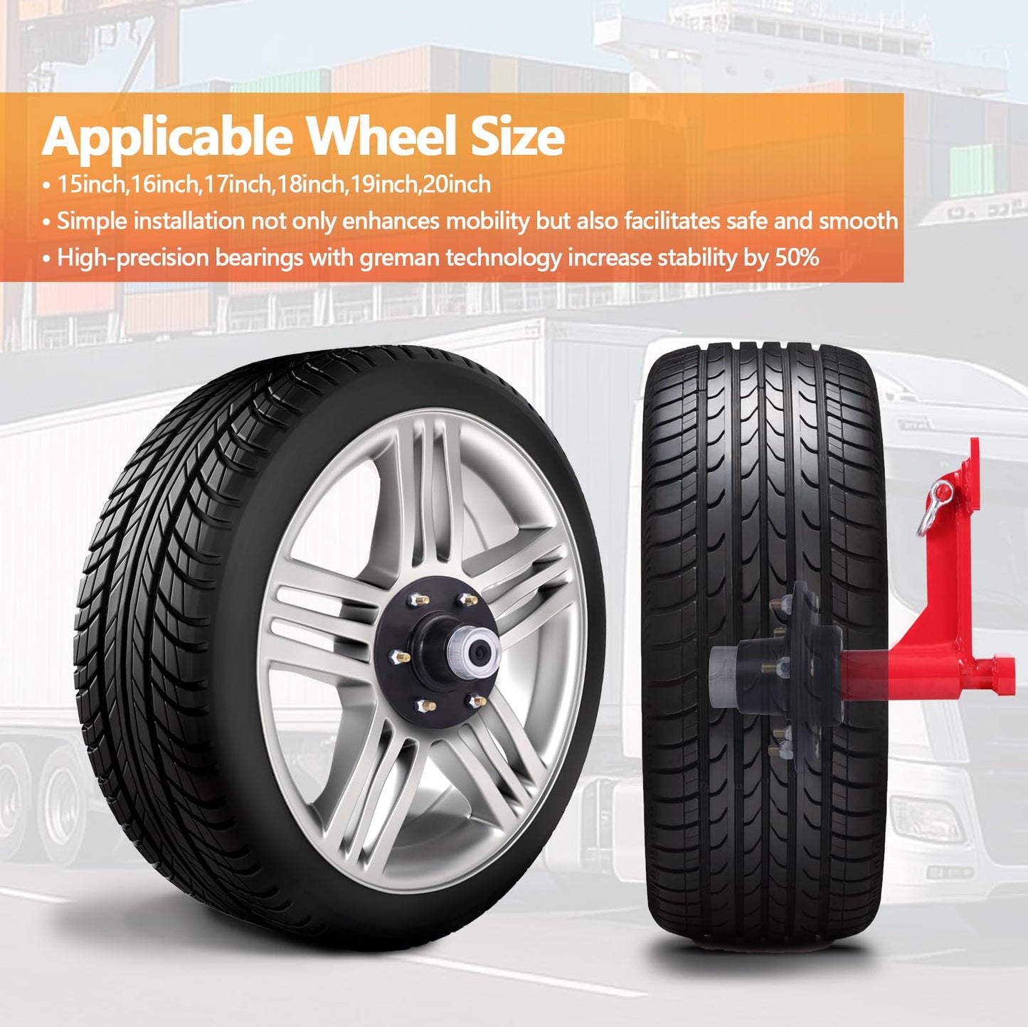 Red 6 Holes Shipping Container Wheels Kit with Heavy Duty Axle & Ratchet Strap - Fast, Safe 20ft-40ft Container Transport