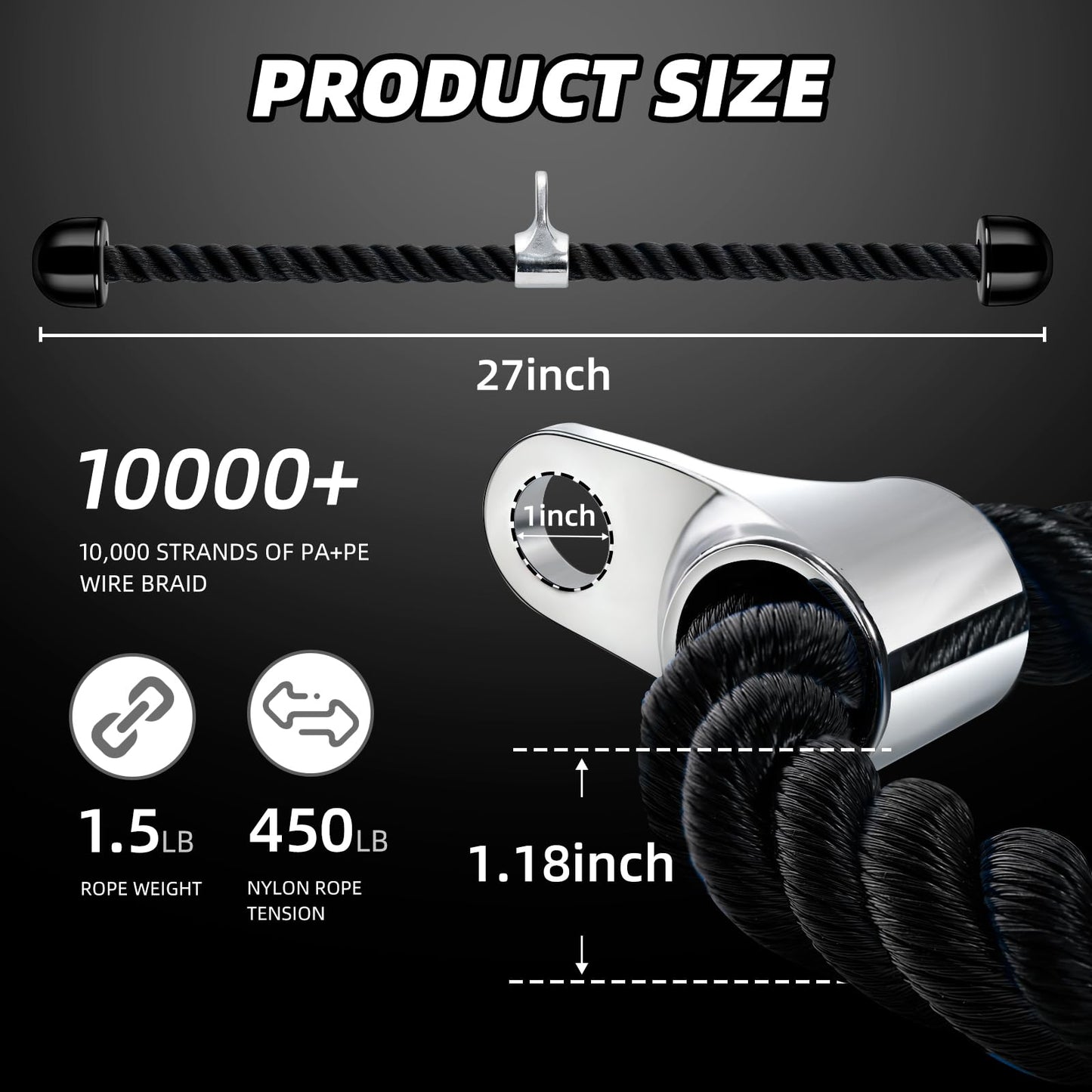 tchrules Universal Tricep Rope Pull Down - 28 Inch Heavy Rope Length, Easy to Grip & Non Slip Cable Attachment, Suitable for Professional Gyms (Black)